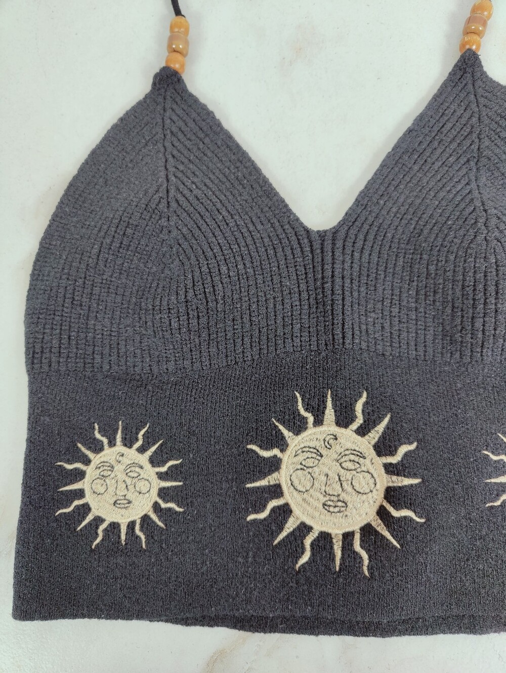Hippie Embroidered Sun Black Knit Halter Top, Sz S - Picture 9 of 13